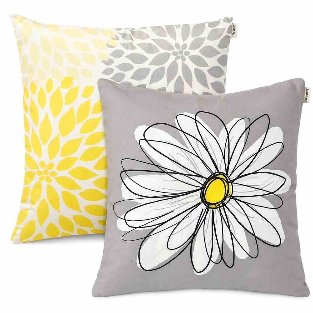 Set of 2 Summery Floral Square Pillow Covers 16x16 Gray Yellow Daisy